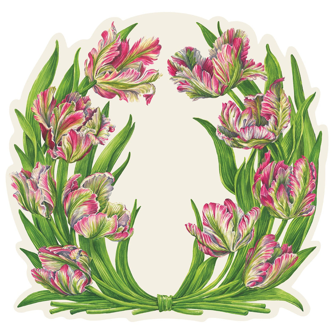 Floral illustration of pink and green flowers on a white background.