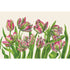 Illustration of pink and green tulips on a beige background.