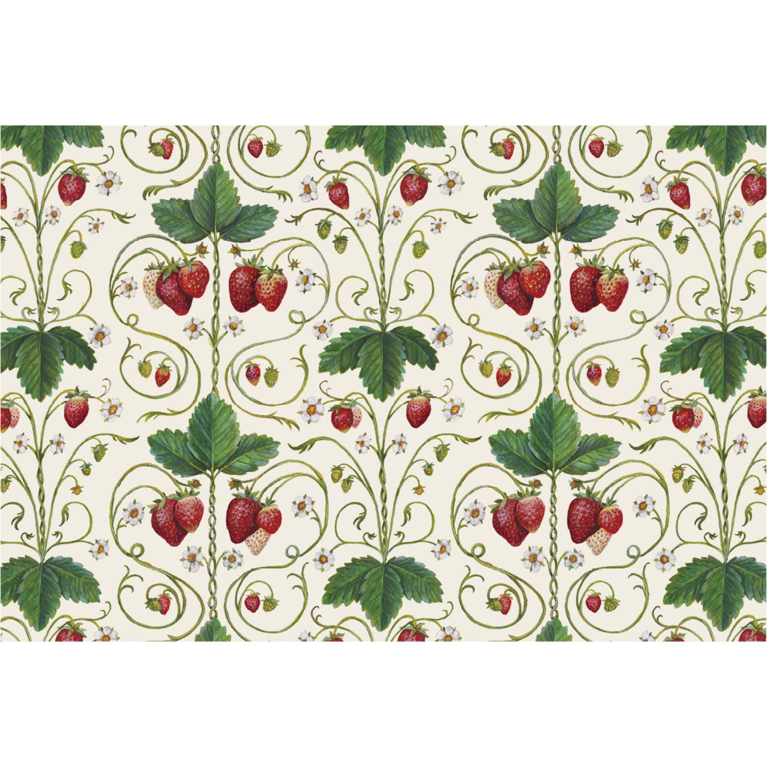 Decorative pattern of strawberries and leaves on a white background illustrated on a placemat.