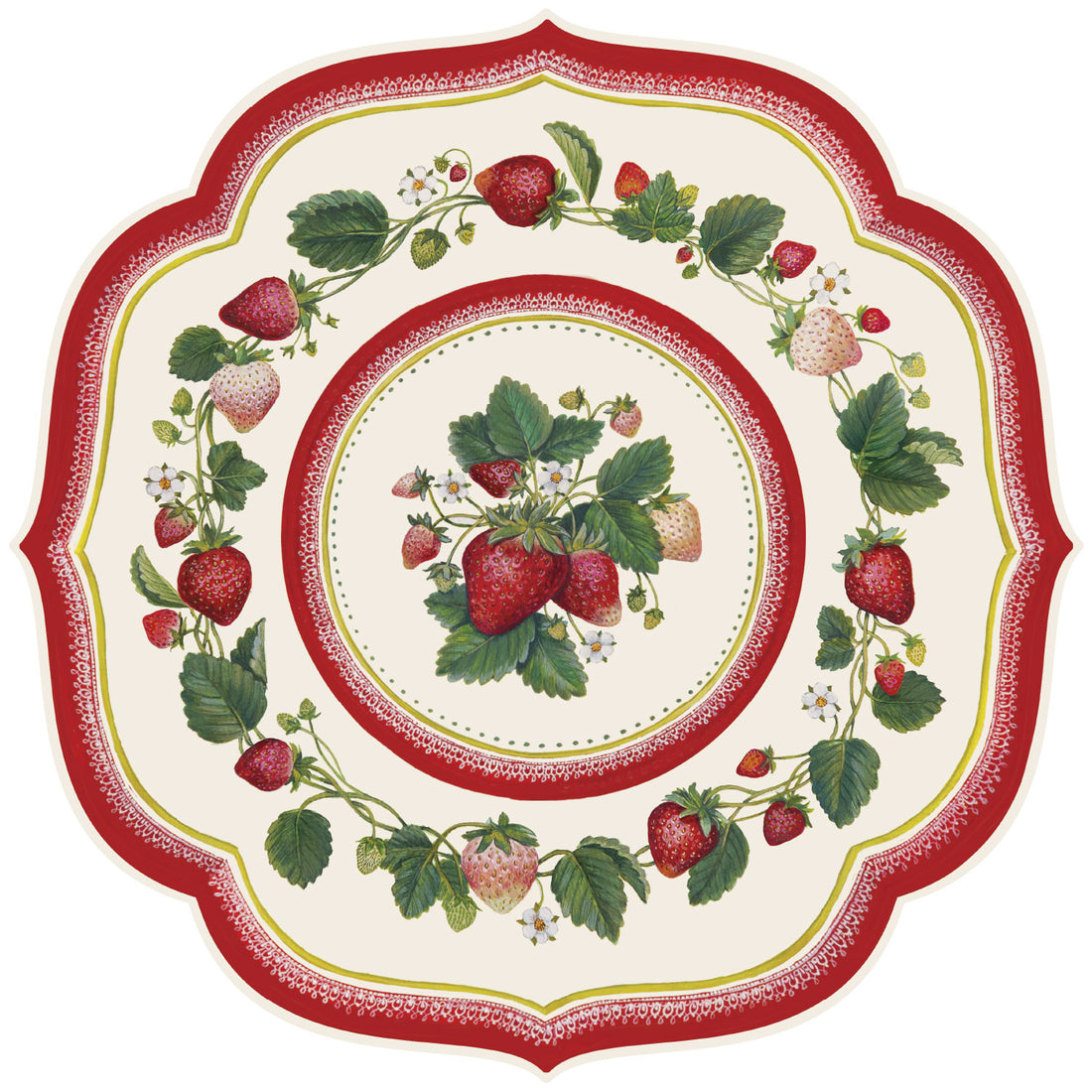 Decorative placemat with illustrated strawberry design on a white background.
