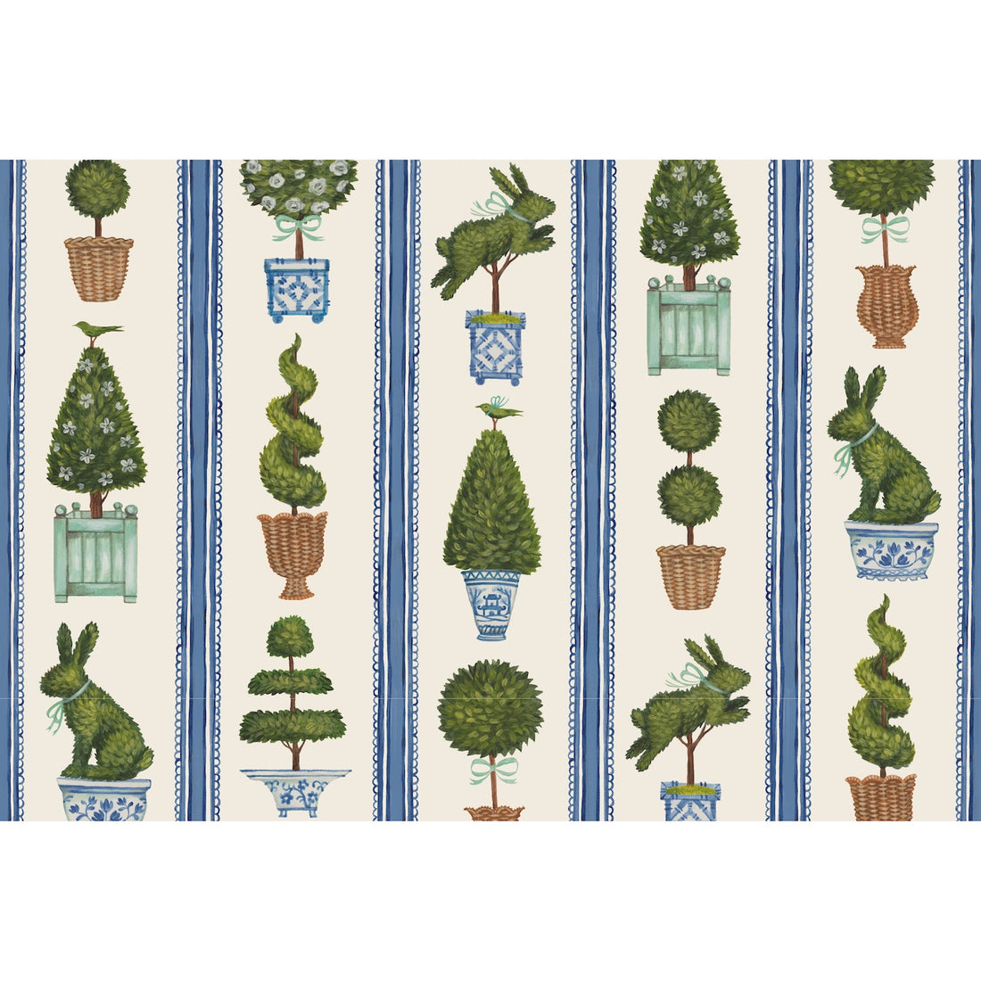 Patterned placemat illustrated with green trees, rabbits, and blue stripes on a beige background.