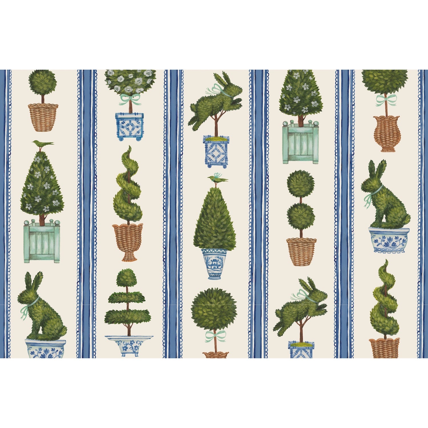 Patterned placemat illustrated with green trees, rabbits, and blue stripes on a beige background.