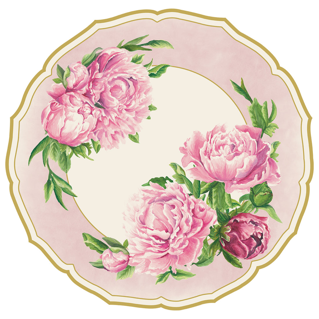 Illustration of a round placemat with a gold-trimmed scalloped edge, featuring a pink and cream background and decorated with pink peony flowers and green leaves.