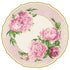 Illustration of a round placemat with a gold-trimmed scalloped edge, featuring a pink and cream background and decorated with pink peony flowers and green leaves.