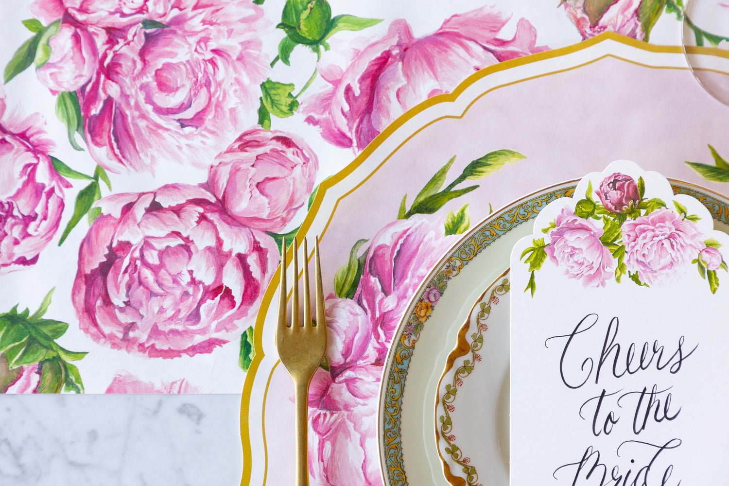 Decorative table setting with the Die-cut Peony China Placemat on the Peonies in Bloom Runner.