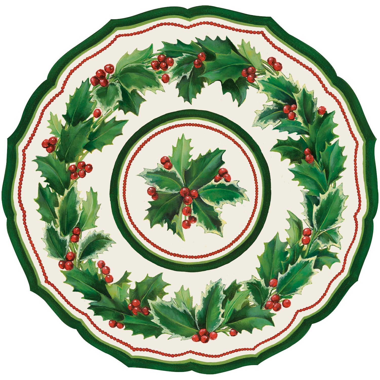 Die-cut Holiday Holly China Placemat featuring artwork of a wreath of holly with red berries. 