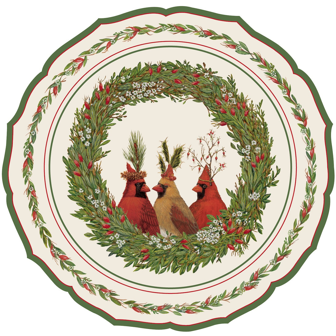 Die-cut Cardinal China Placemat featuring artwork of a trio of cardinals surrounded by a wreath of greenery with red berries. 