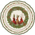 Die-cut Cardinal China Placemat featuring artwork of a trio of cardinals surrounded by a wreath of greenery with red berries. 