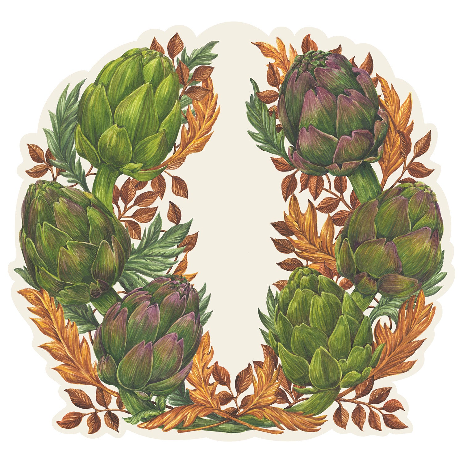 Die-cut Artichoke Wreath Placemat featuring artwork of a horseshoe shaped wreath made of artichokes and gold leaves. 