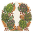 Die-cut Artichoke Wreath Placemat featuring artwork of a horseshoe shaped wreath made of artichokes and gold leaves. 