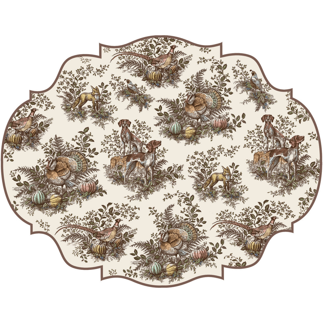 A decorative placemat with toile pattern of Autumnal scenes. 