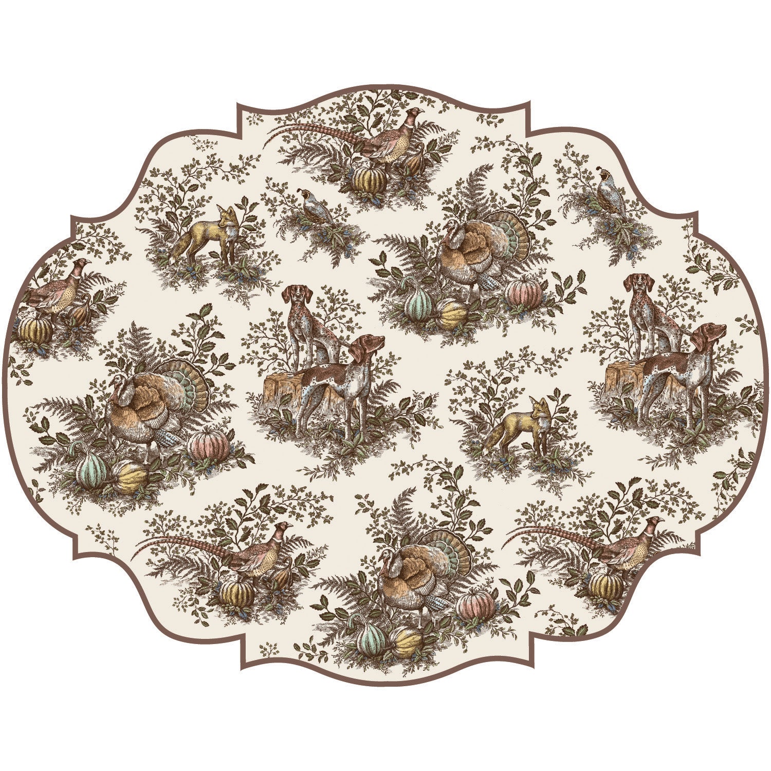 A decorative placemat with toile pattern of Autumnal scenes. 