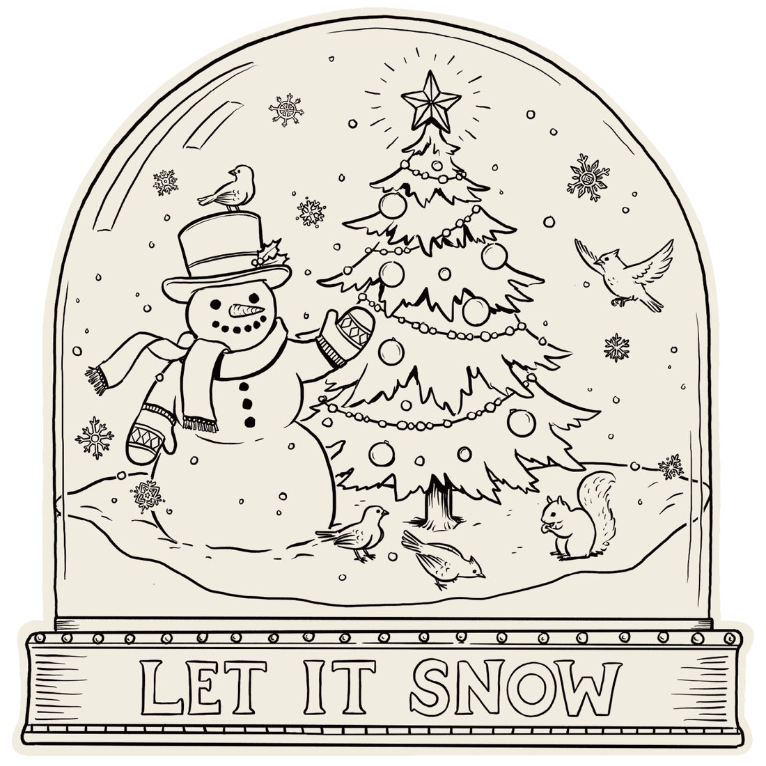 Die-cut Snow Globe Coloring Placemat featuring line art that can be colored in of a snowman next to a Christmas tree with birds and snowflakes.  At the bottom it says "Let it Snow".  