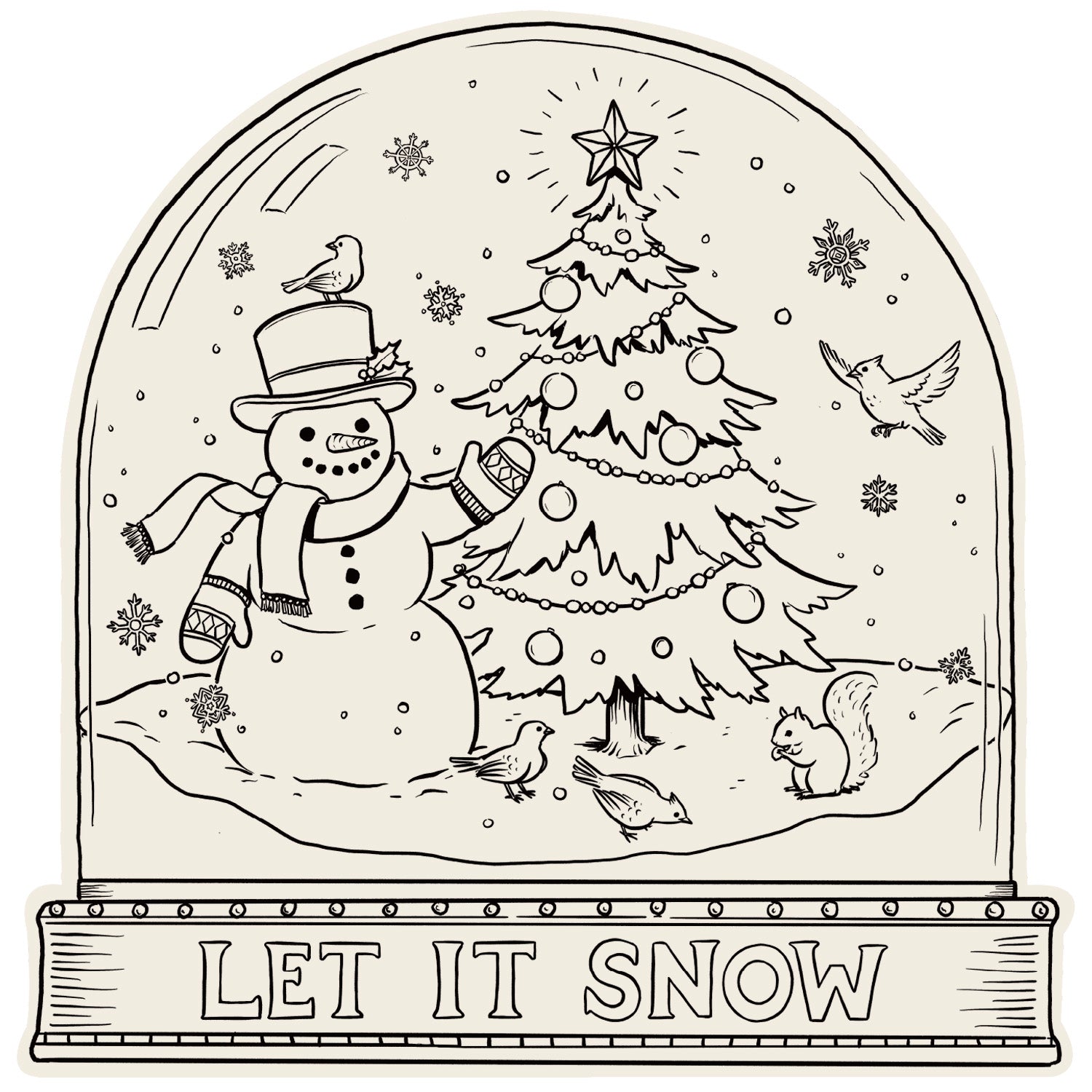 Die-cut Snow Globe Coloring Placemat featuring line art that can be colored in of a snowman next to a Christmas tree with birds and snowflakes.  At the bottom it says "Let it Snow".  