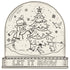 Die-cut Snow Globe Coloring Placemat featuring line art that can be colored in of a snowman next to a Christmas tree with birds and snowflakes.  At the bottom it says "Let it Snow".  