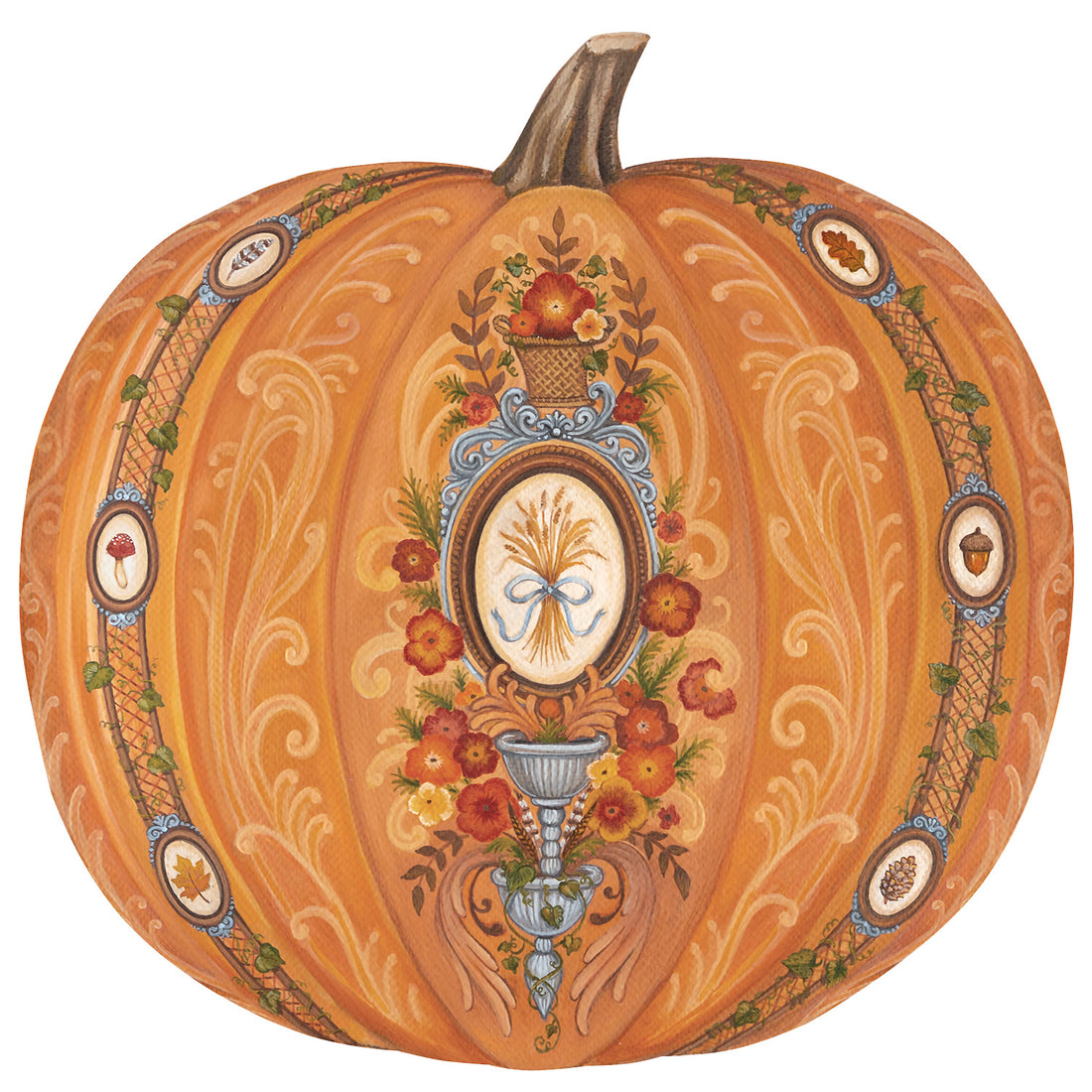Decorative pumpkin placemat with intricate floral and leaf patterns on a white background.