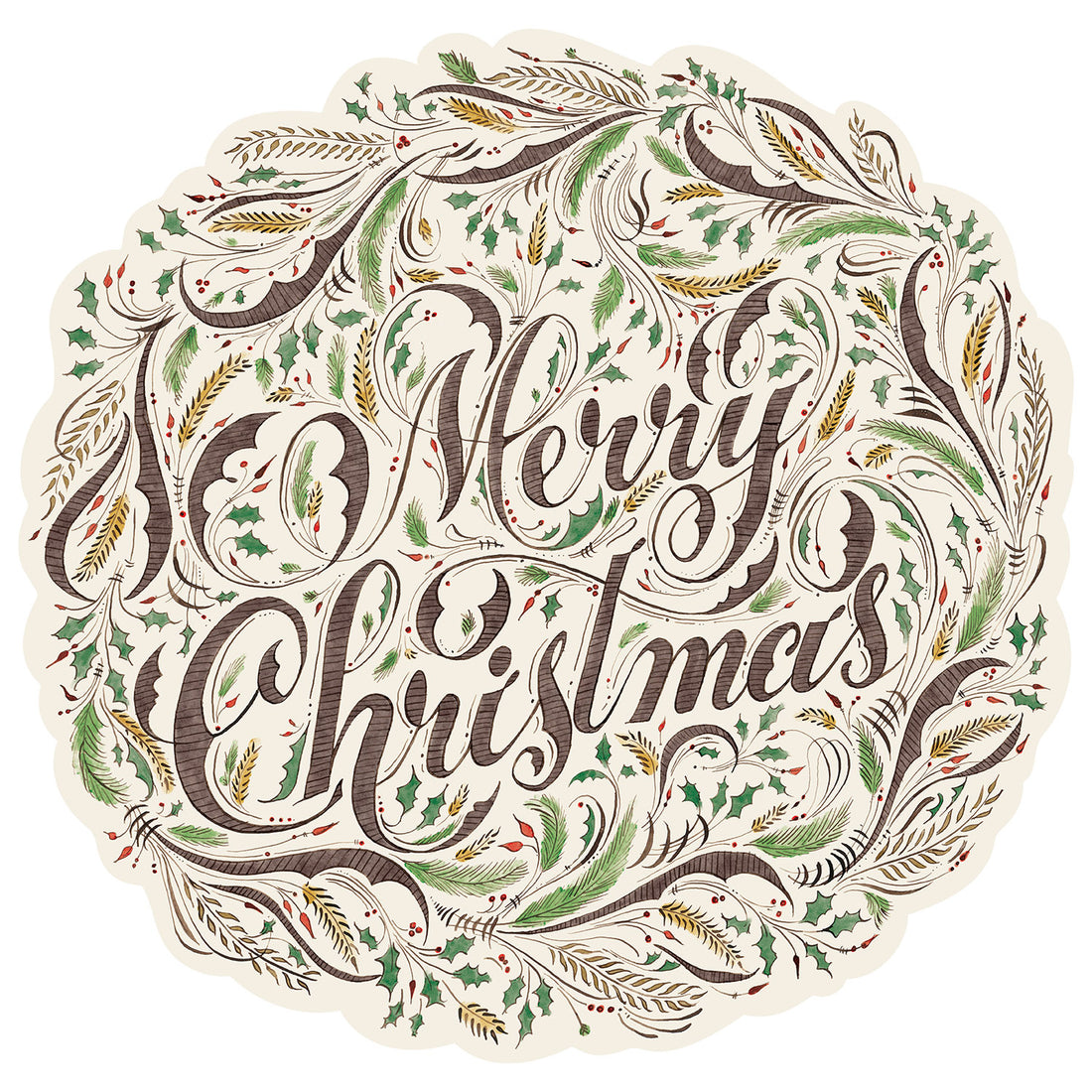 The Die-cut Merry Christmas Placemat is a rounded cream paper placemat with brown and green filigree and Merry Christmas in a fanciful script. 