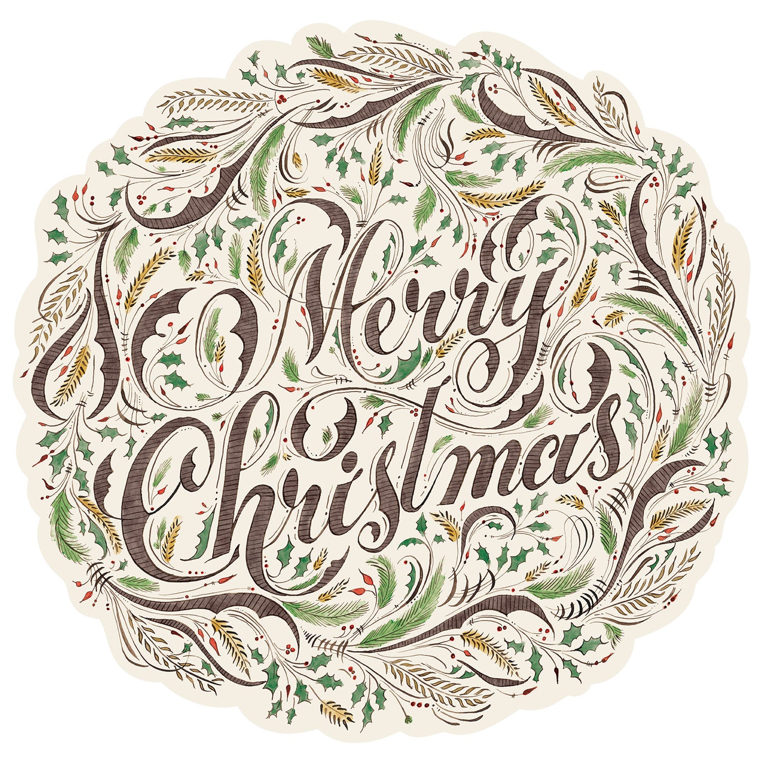 The Die-cut Merry Christmas Placemat is a rounded cream paper placemat with brown and green filigree and Merry Christmas in a fanciful script. 