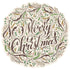 The Die-cut Merry Christmas Placemat is a rounded cream paper placemat with brown and green filigree and Merry Christmas in a fanciful script. 