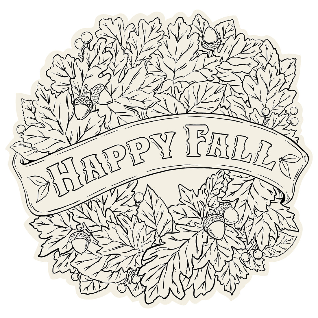 Die-cut Happy Fall Coloring Placemat with leaves to be colored in and a banner that says "Happy Fall". 