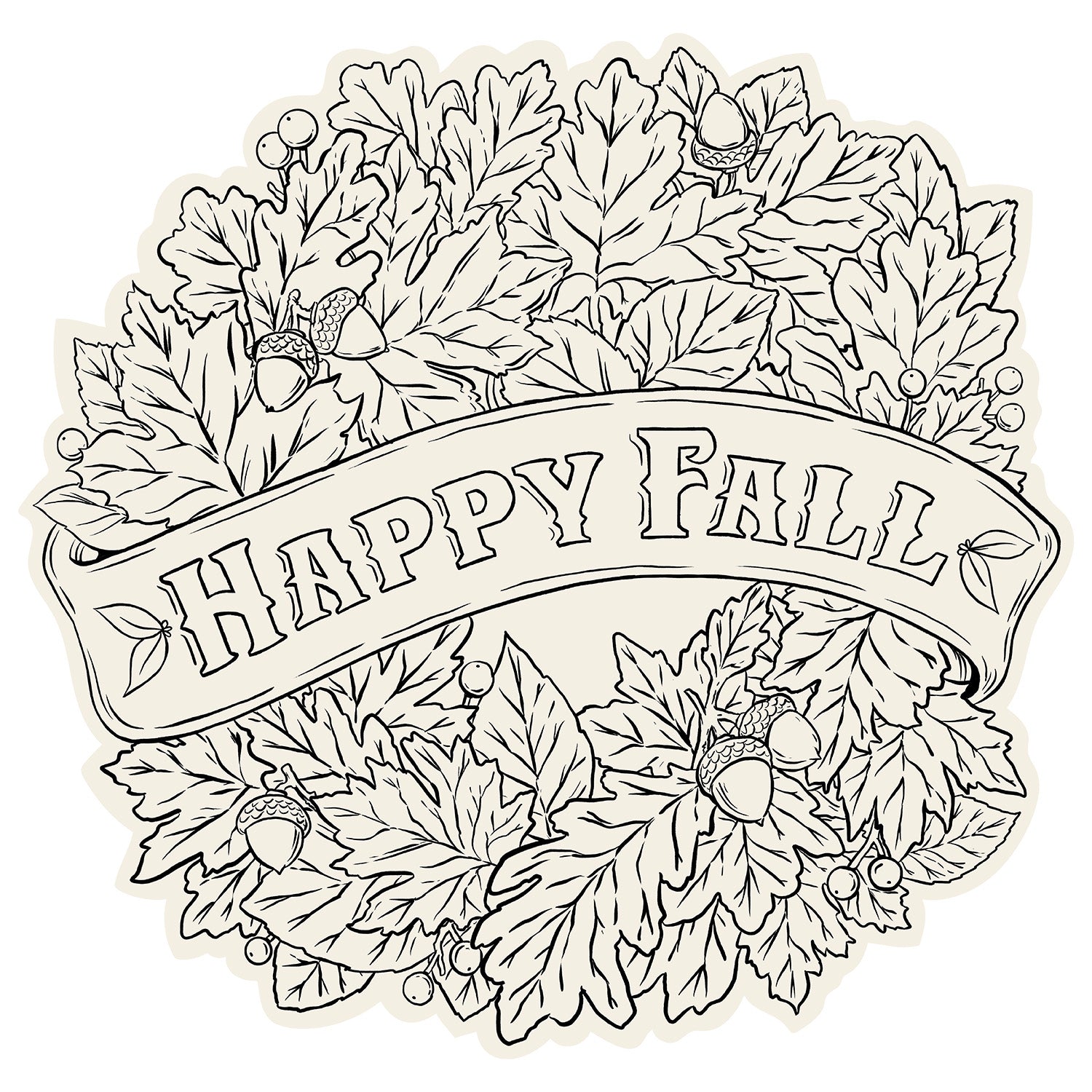 Die-cut Happy Fall Coloring Placemat with leaves to be colored in and a banner that says "Happy Fall". 