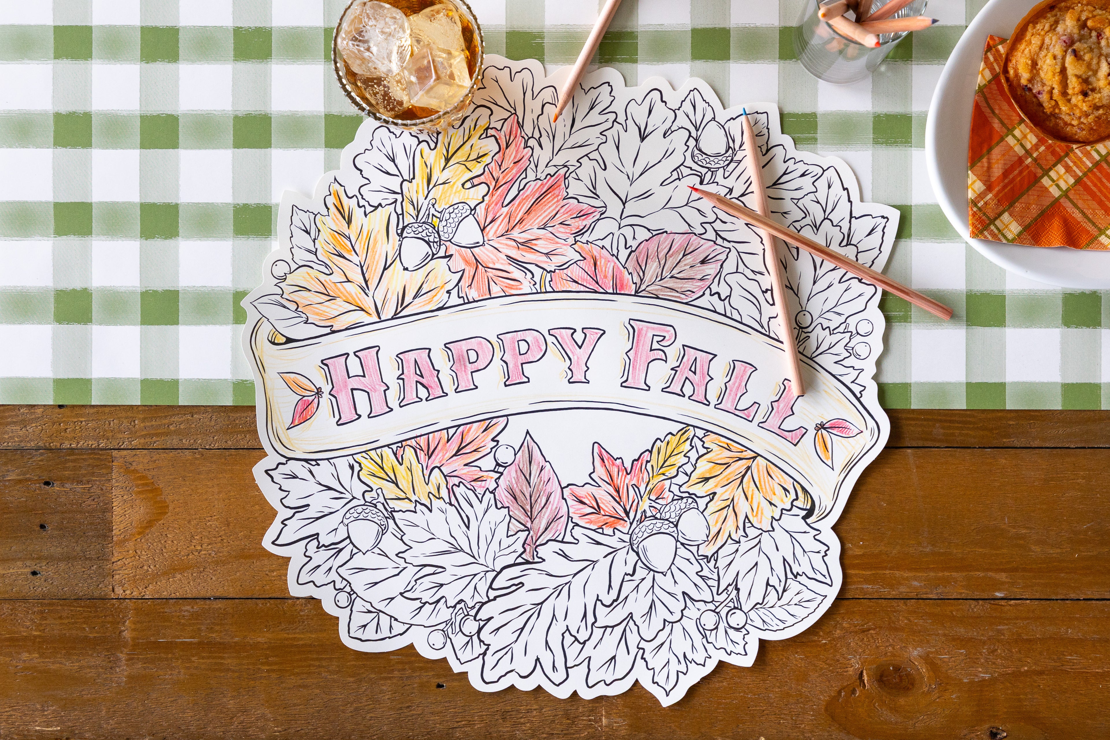 Close up of the Die-cut Happy Fall Coloring Placemat partially colored in. 