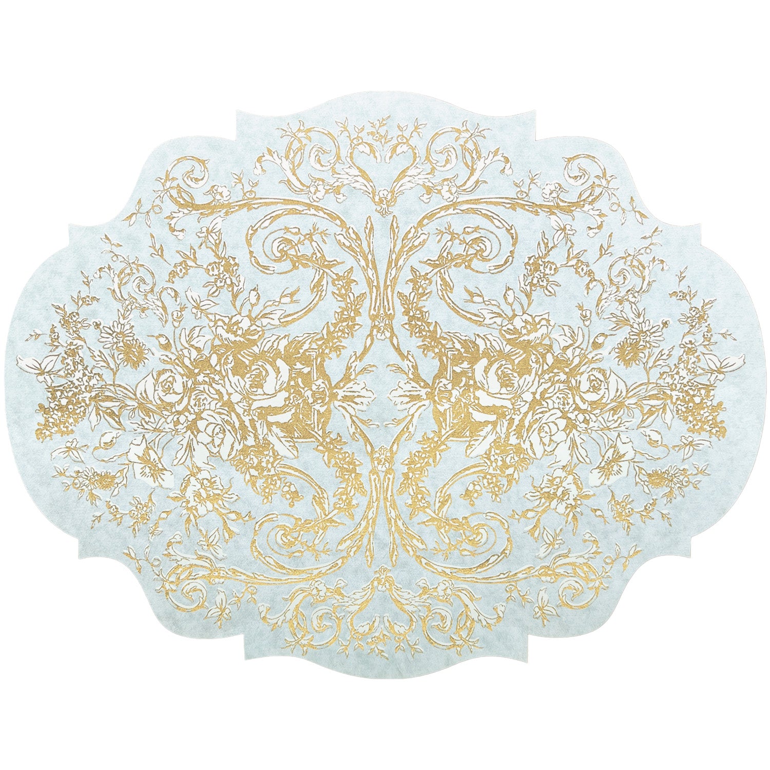 Placemat with a decorative gold pattern on a light blue background. 