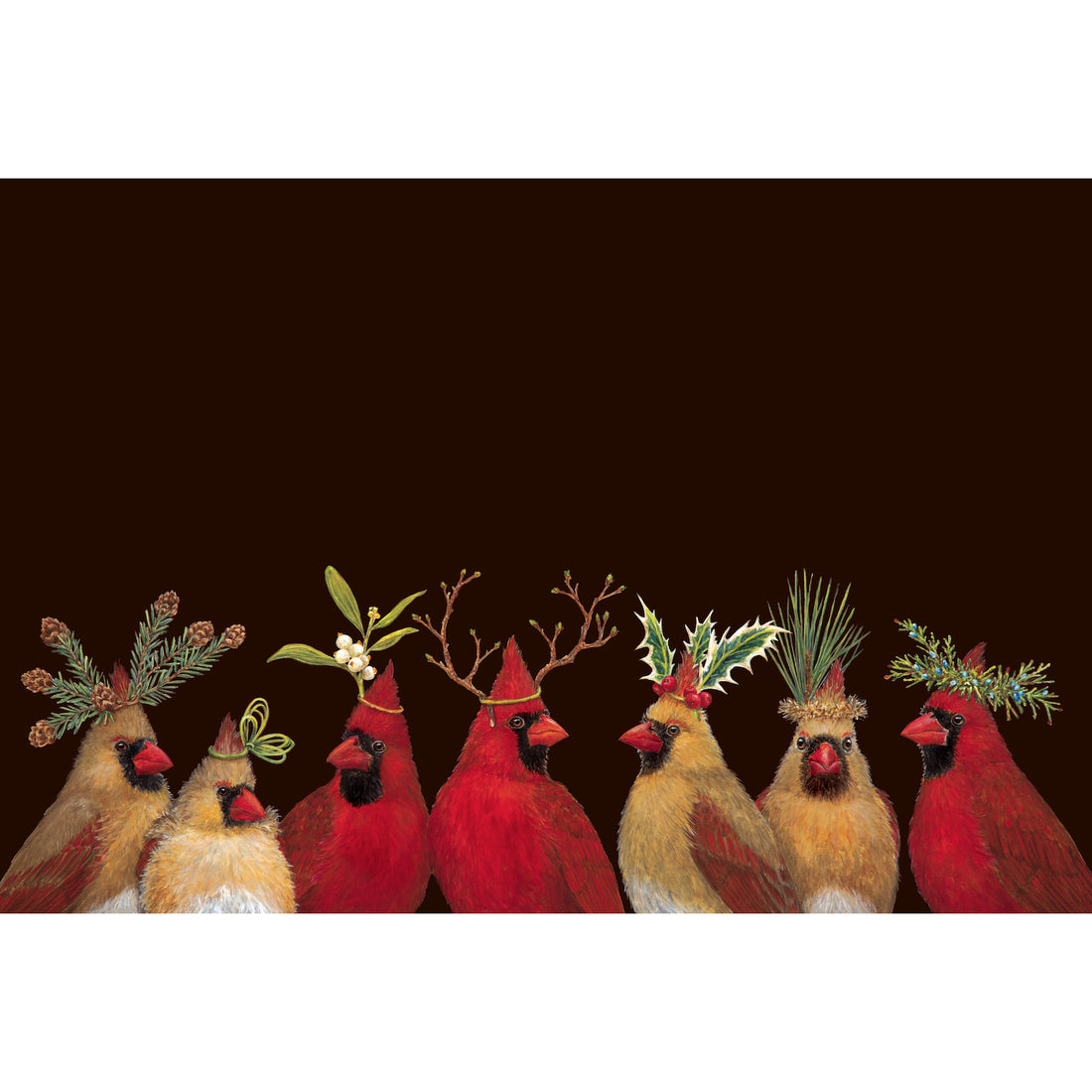 Paper placemat with red cardinals with botanical hats and black background