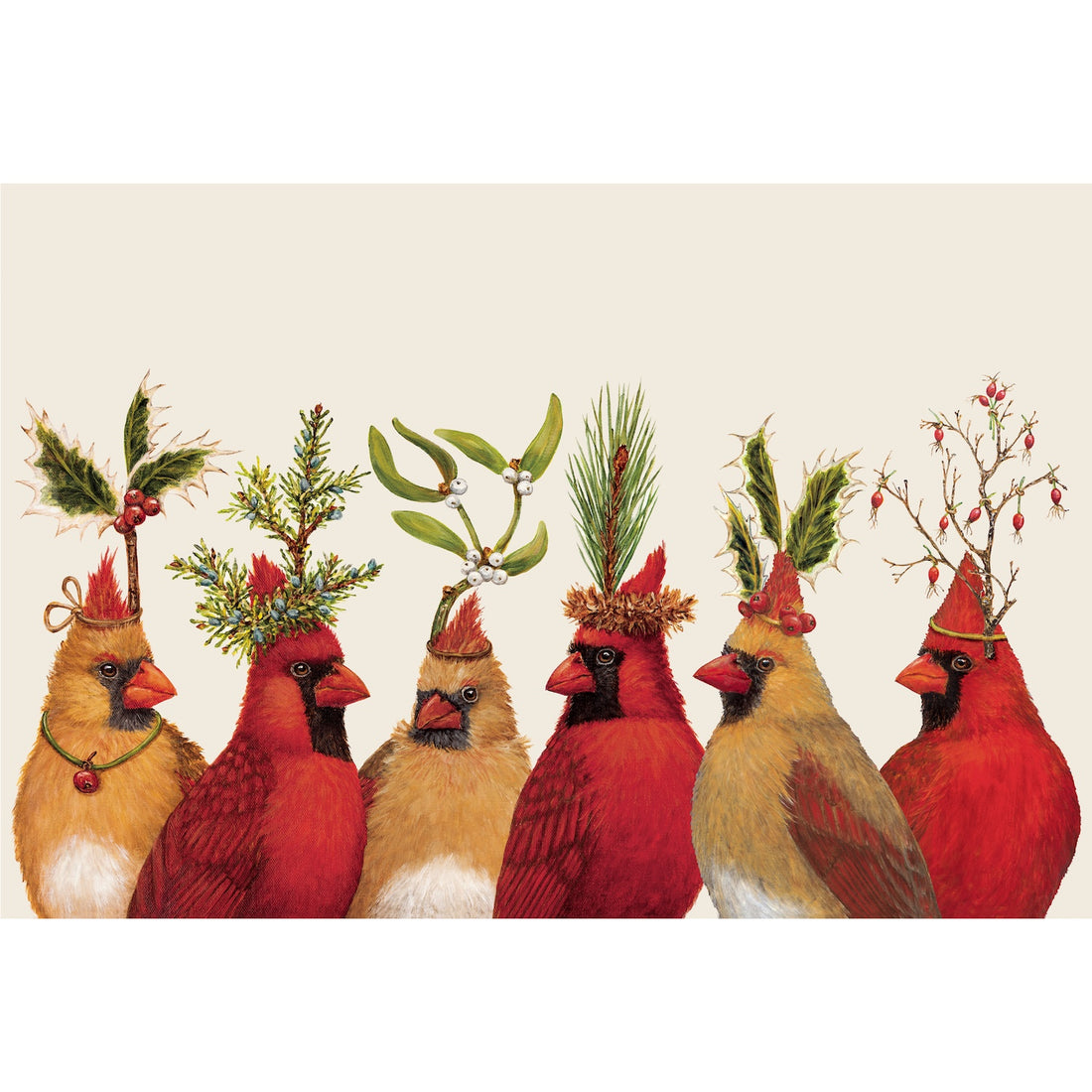 Six illustrated cardinals, both male and female, wear festive holiday hats of holly, pine, mistletoe, and berries on a plain background.