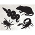 Die-cut, black paper cutouts of a rat, a snake, a spider and a scorpion.
