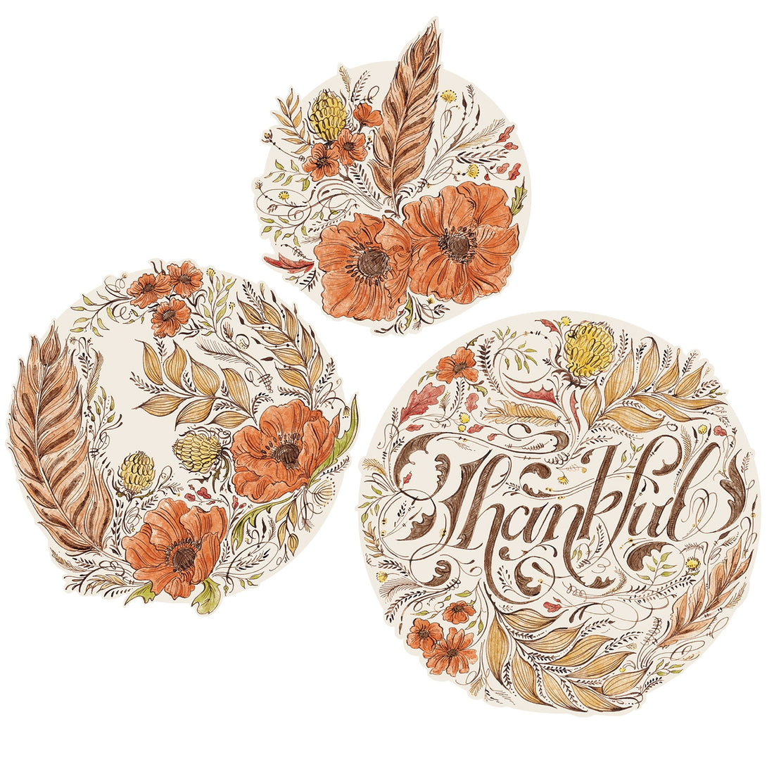 Three different sizes of round die-cut Serving Papers decorated with orange, brown and yellow florals, with &quot;Thankful&quot; written in a beautiful script on the largest one.