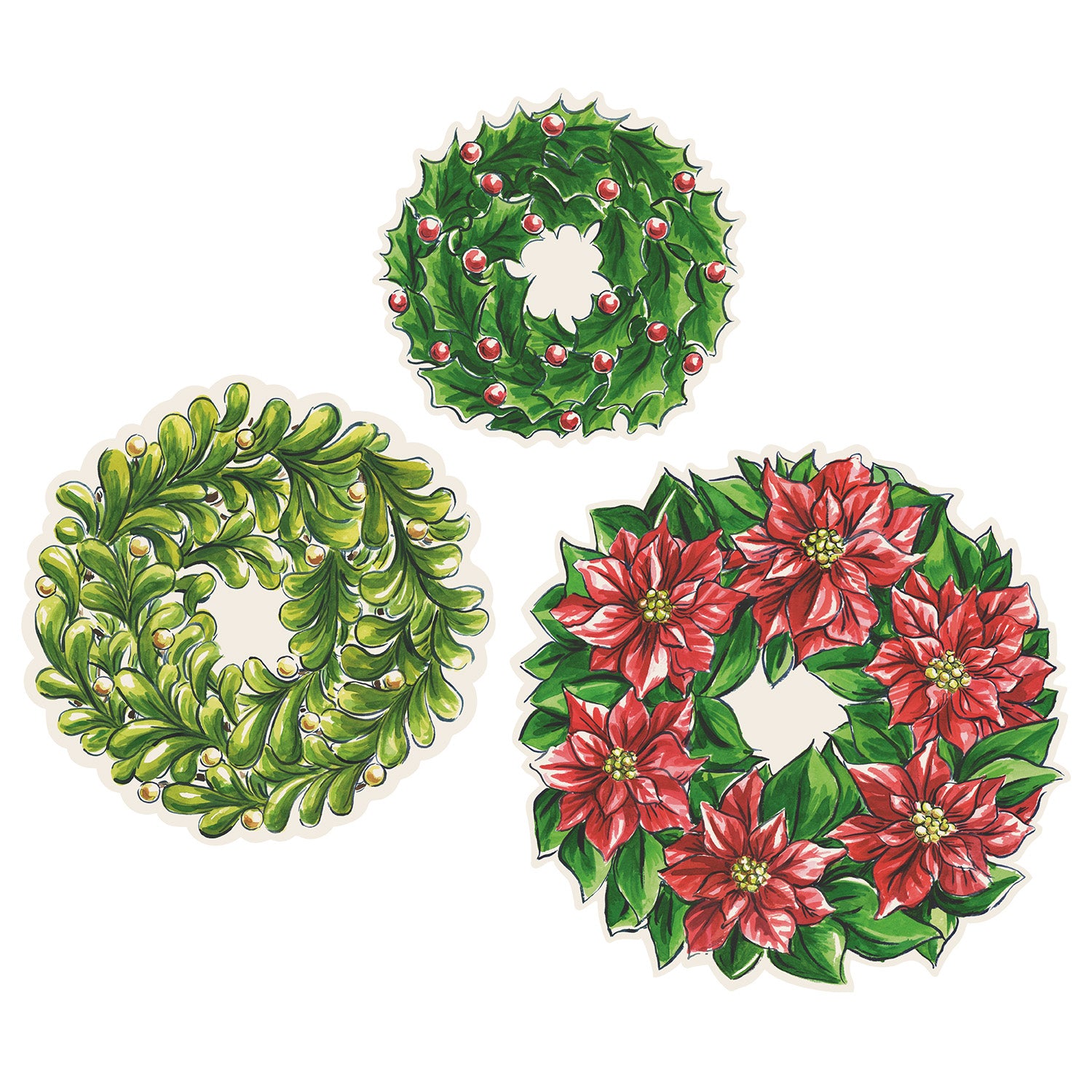 Three round serving papers designed to look like holiday wreaths with various festive decorations, including green leaves, red flowers, and holly berries.