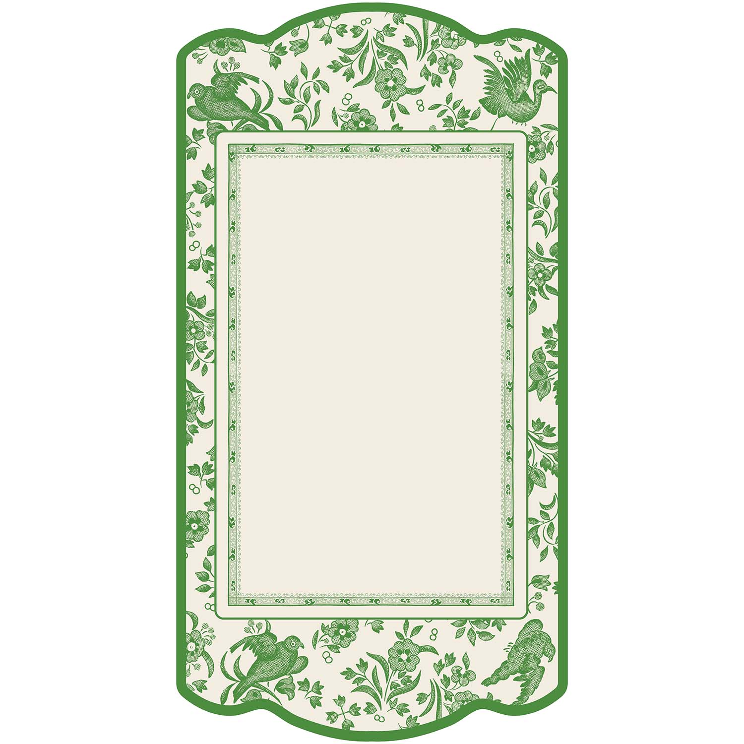 A green and white frame with a floral design showcasing the Hester &amp; Cook Green Regal Peacock Table Card.