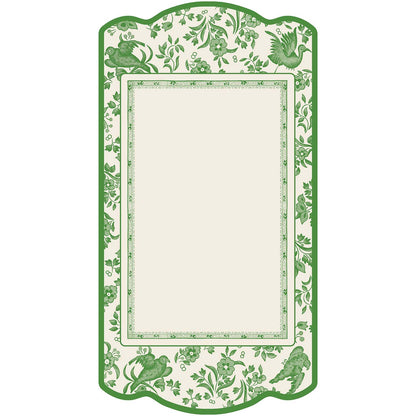 A green and white frame with a floral design showcasing the Hester &amp; Cook Green Regal Peacock Table Card.