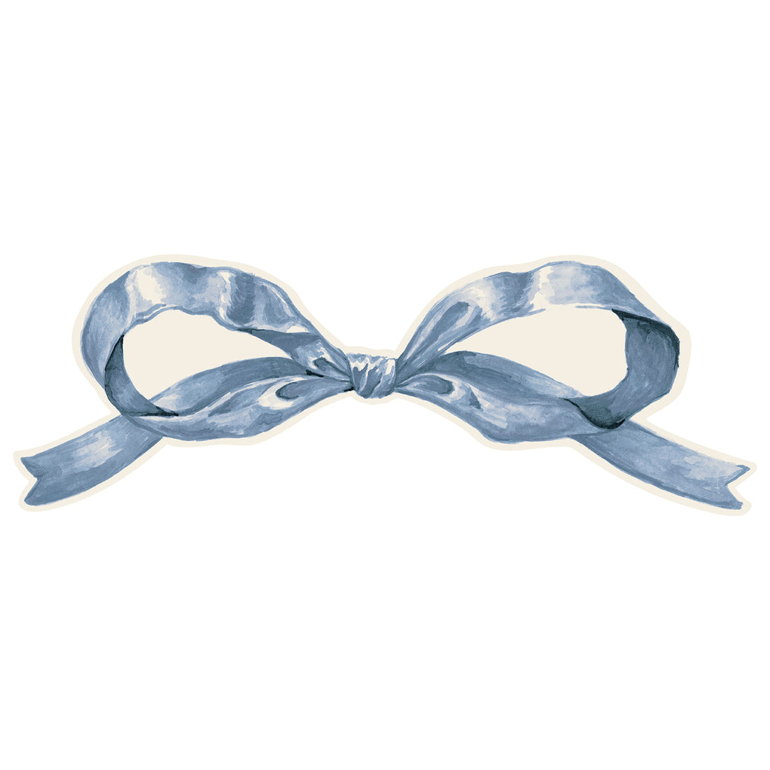 An illustration of a blue bow against a cream background, cut to shape.