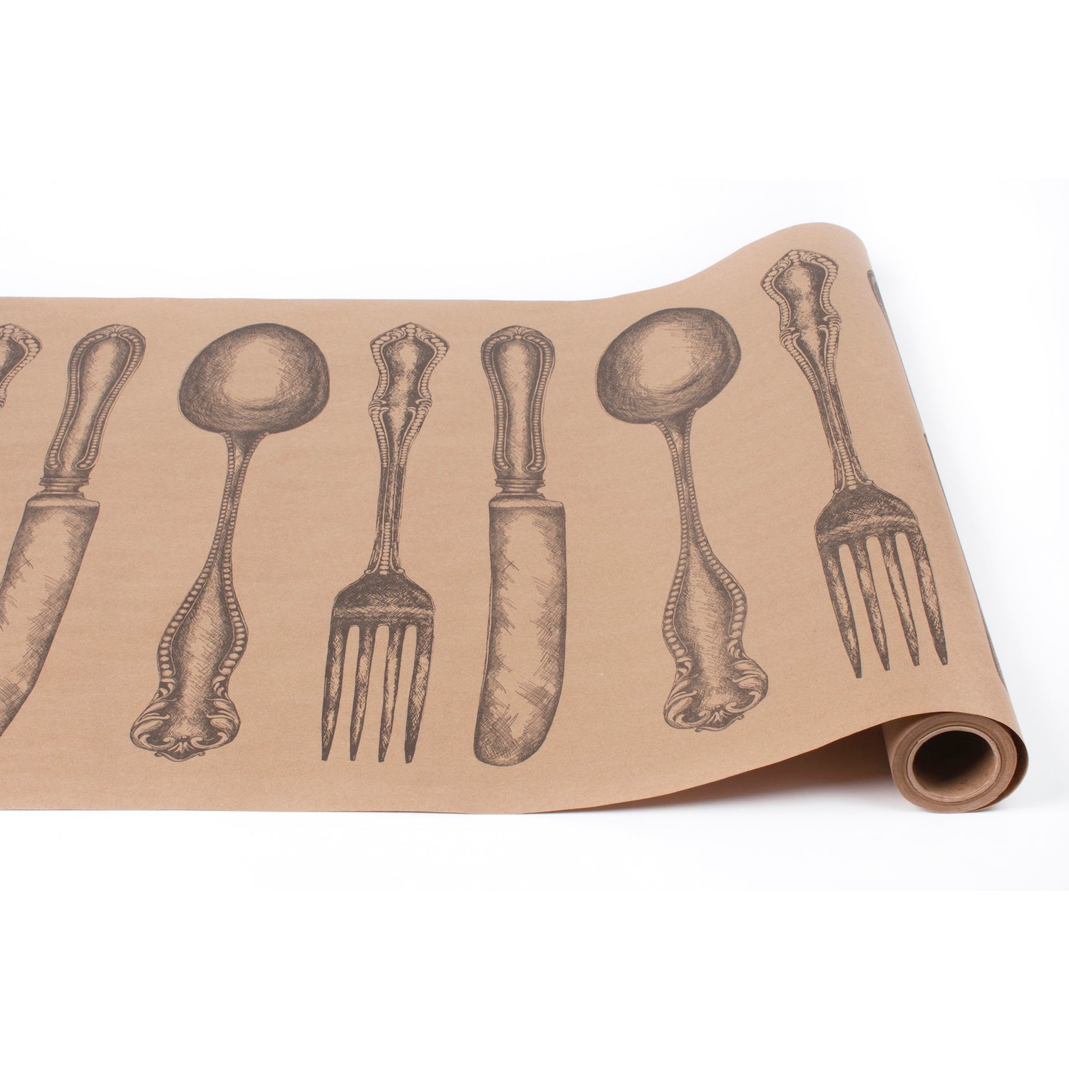 A kraft paper table runner featuring a repeating, engraving-style pattern of a fork, spoon and butter knife in black, evenly spaced down the length of the runner.