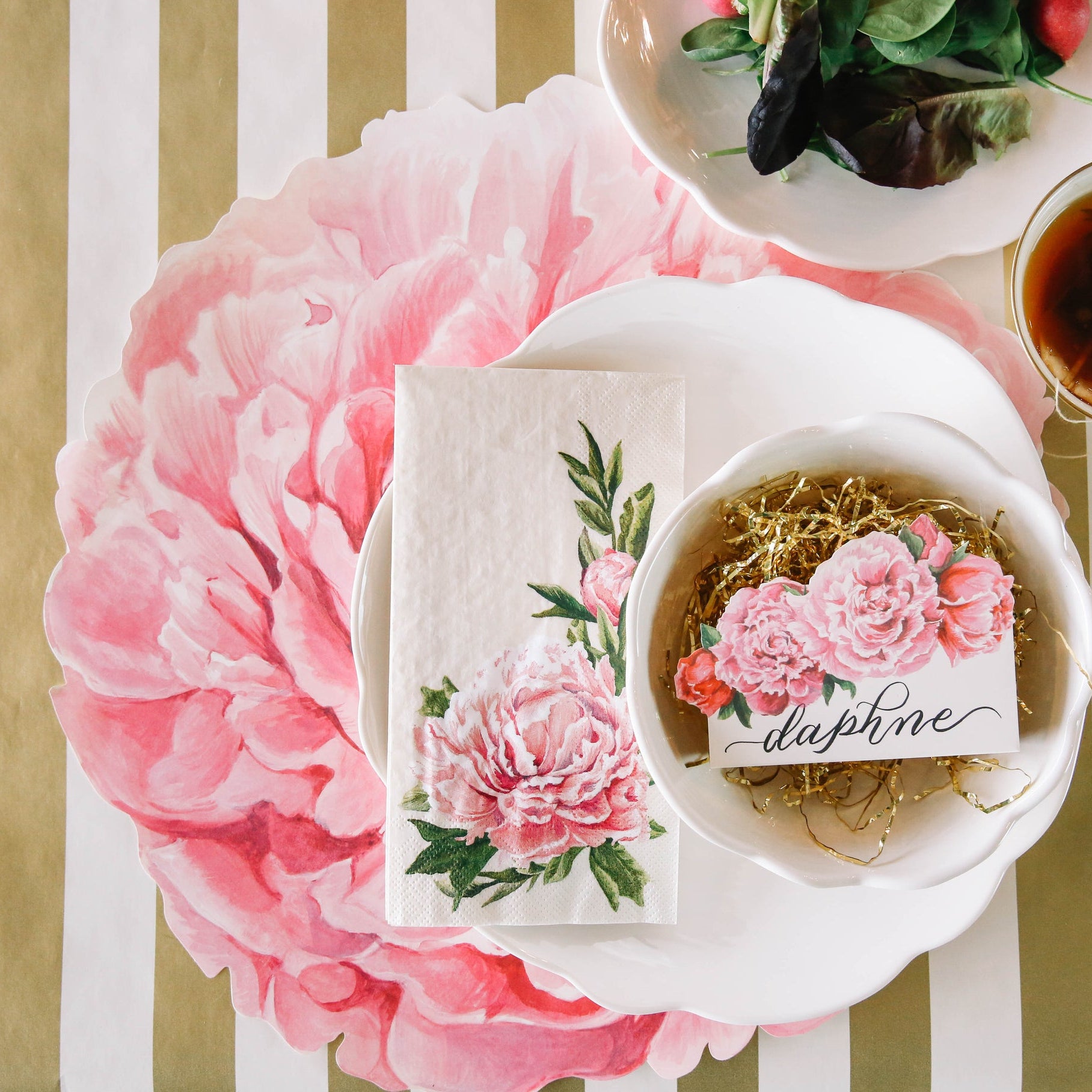 Gold Classic Stripe Runner under the Die-cut Peony Placemat and place setting.