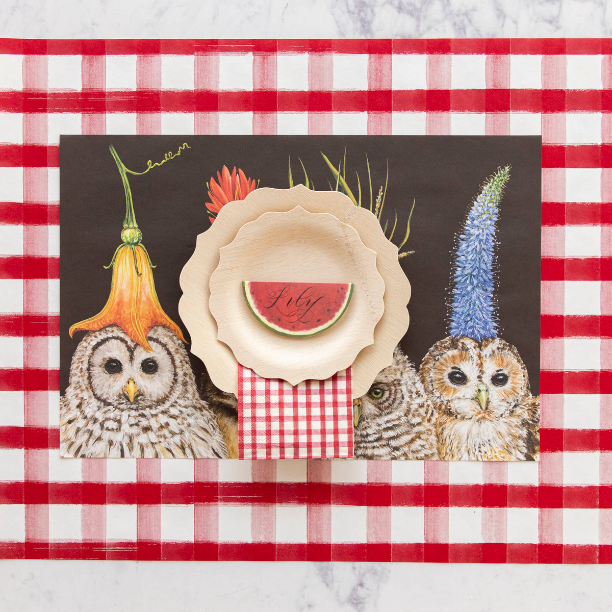 Owls on a Hester &amp; Cook red checkered placemat.