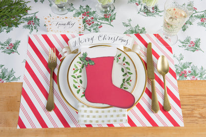 Christmas table setting with Candy Stripe Placemat and Holly Table Runner