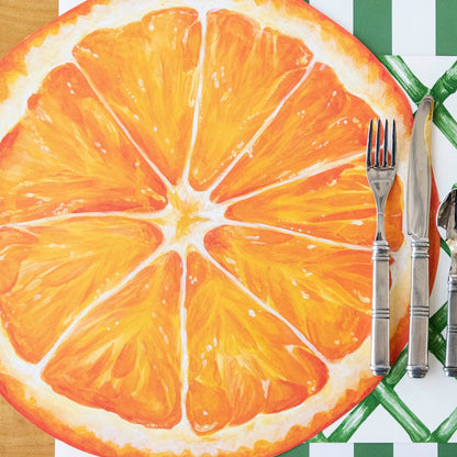 The Die-cut Orange Slice in an elegant place setting sans plate, from above.