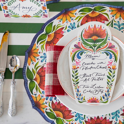 Dark Green Classic Stripe Runner under a floral place setting.