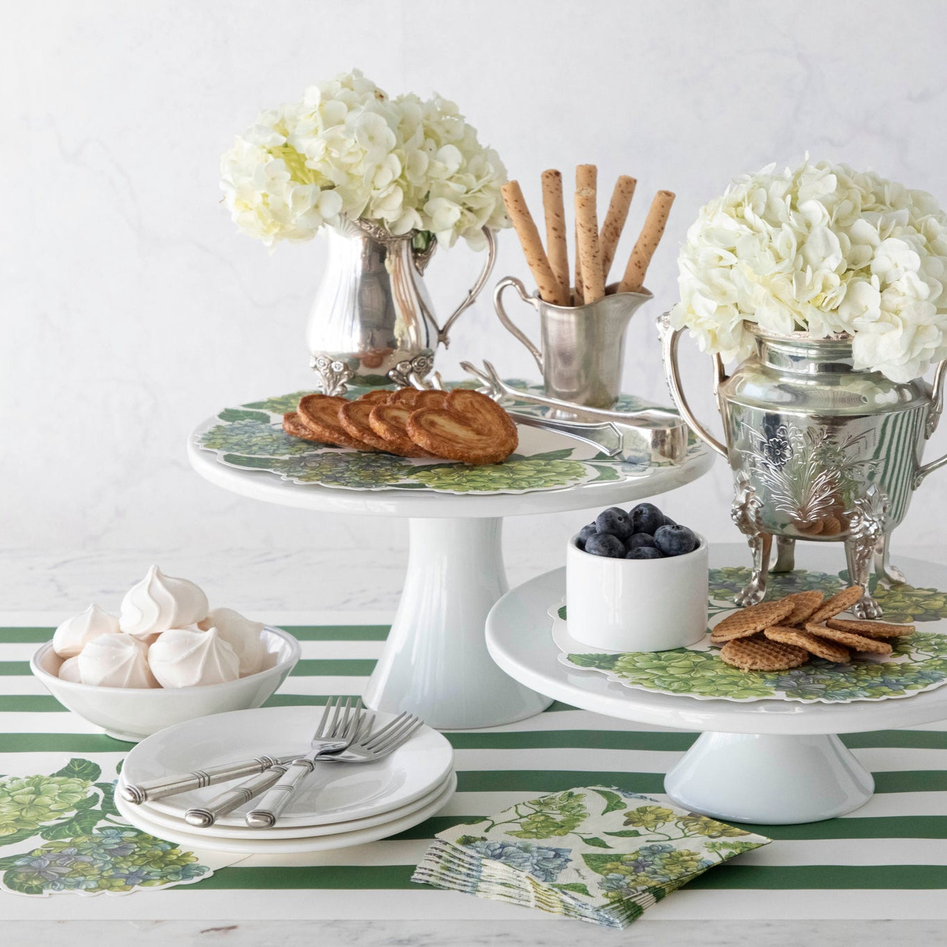 Dark Green Classic Stripe Runner under a floral table setting with various snacks.