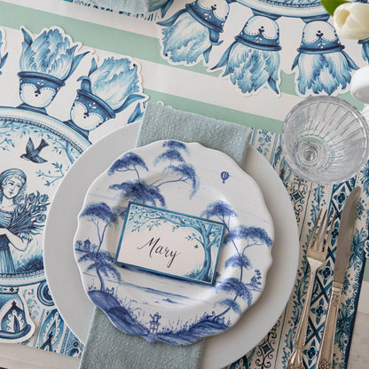 The Indigo Chintz Placemat under an elegant place setting, from above.