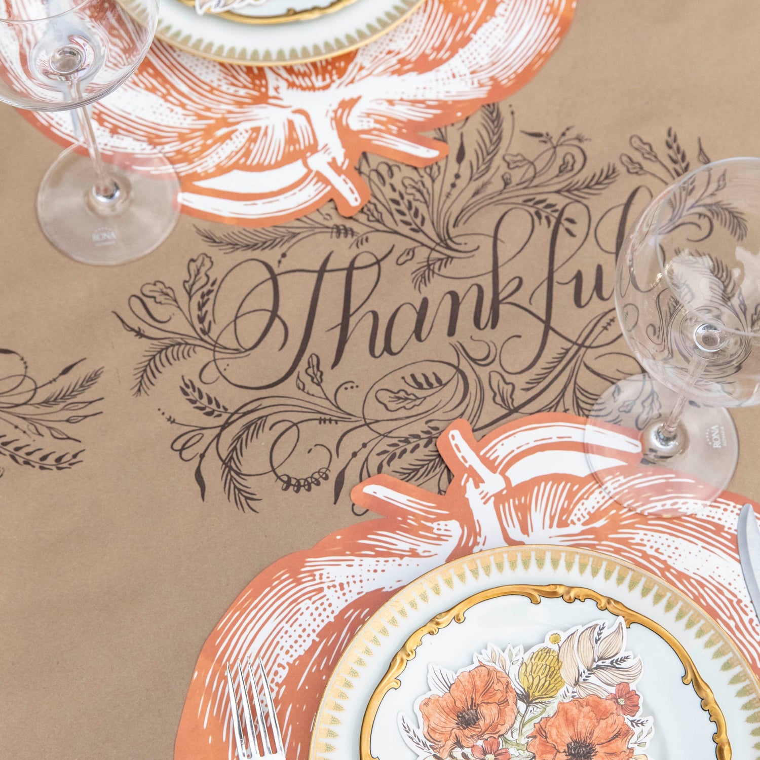 The Thankful Runner under a place setting with the Die-cut Pumpkin Placemats, vintage dinnerware and wine glasses.
