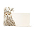 A white, rectangular freestanding place card featuring artwork of a snowy owl with a twig headdress adorning the left side of the card.