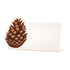 A white, rectangular freestanding place card featuring a realistic illustrated pinecone adorning the left side of the card.