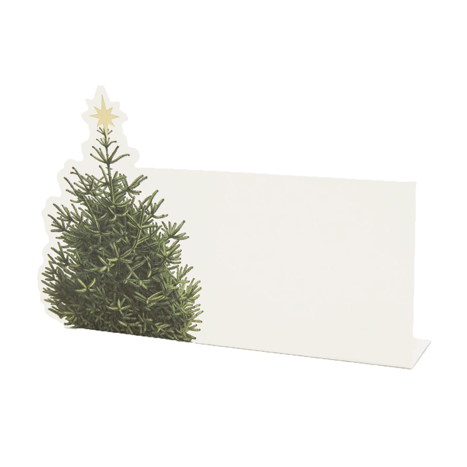 A white, rectangular, freestanding place card featuring an illustrated evergreen tree with a gold foil star on top, adorning the left edge of the card.