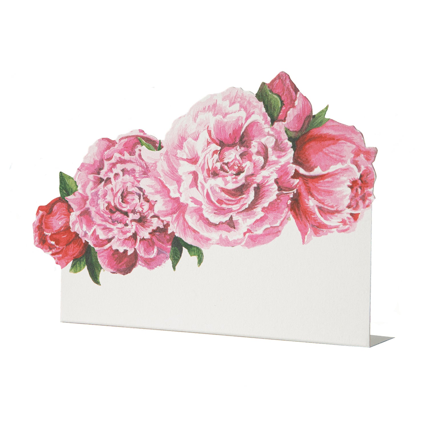 A white, die-cut freestanding place card featuring artwork of vibrant pink peonies with dainty green leaves adorning the top edge of the card.