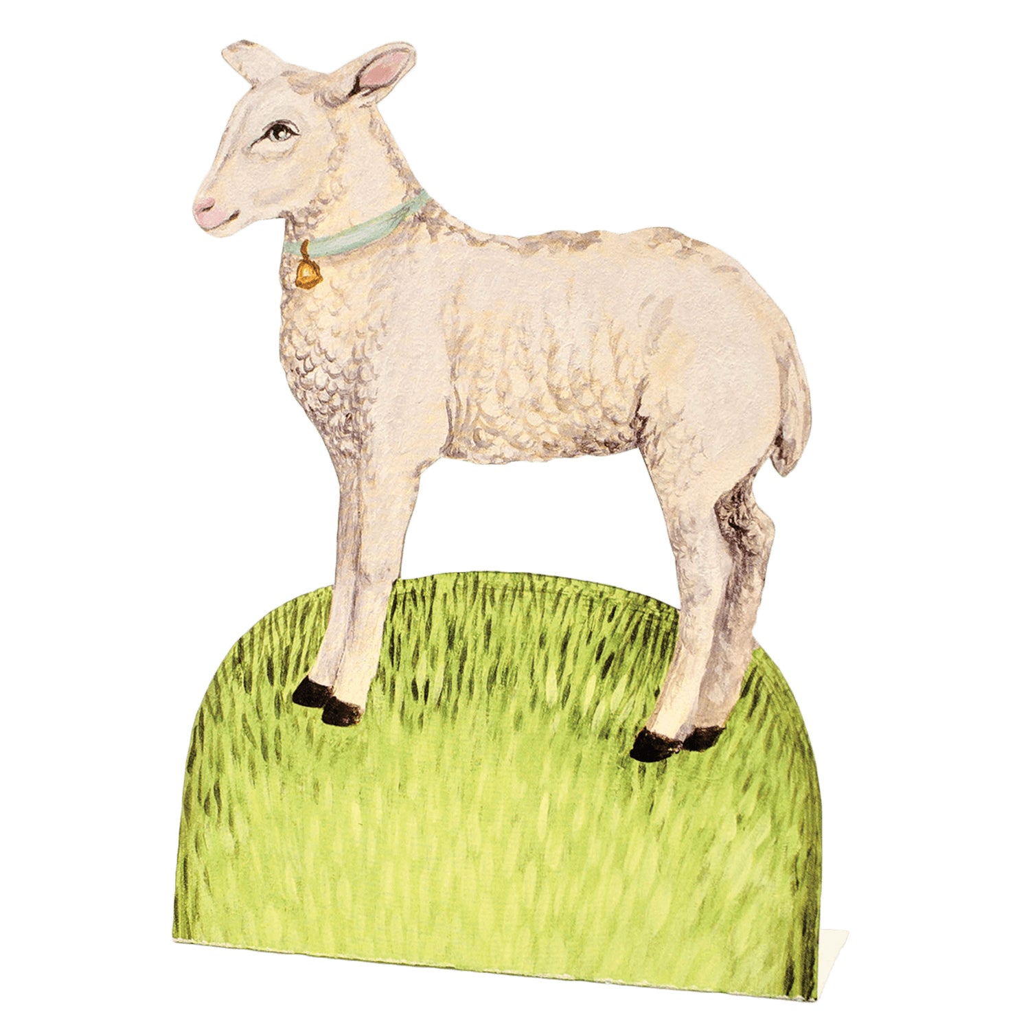 A Little Lamb Place Card by Hester &amp; Cook is standing on top of a grassy Easter Garden hill.