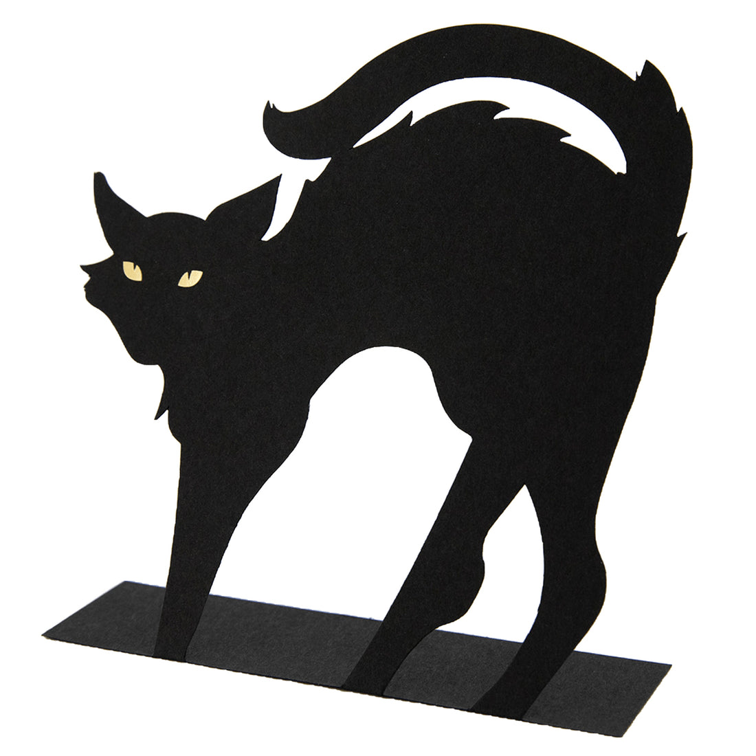A black, die-cut, free-standing place card in the shape of an arched black cat, featuring gold foil eyes.